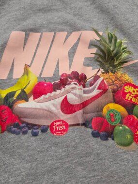 Nike Swoosh Fruit Tee Shirt Mens (XL) Gray Retro Logo Fruit Sticker Graphic